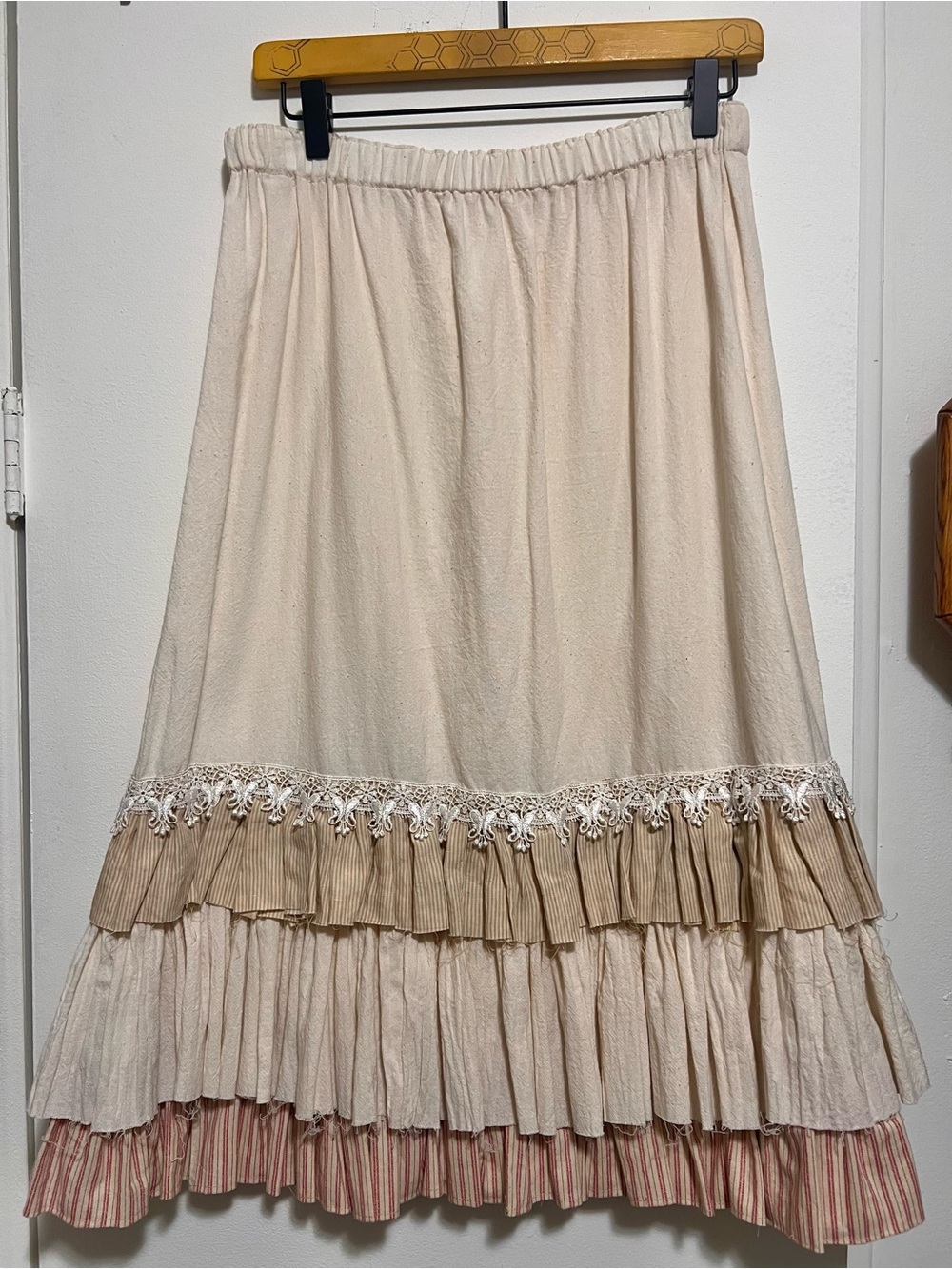 Handmade Tiered Cream Boho Skirt with Lace Trim NWOT